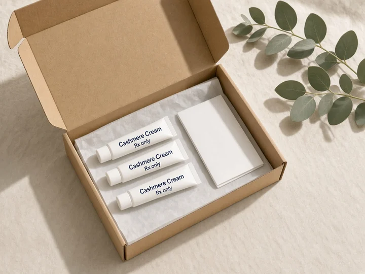 Three white tubes and a plain sheet in an open kraft box. Printed on the tubes: "Cashmere Cream" and "Rx only".