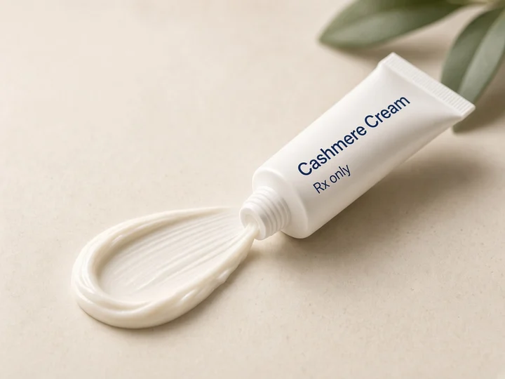 A swirl of pale cream from an open white tube. Printed on the tube: "Cashmere Cream" and "Rx only".