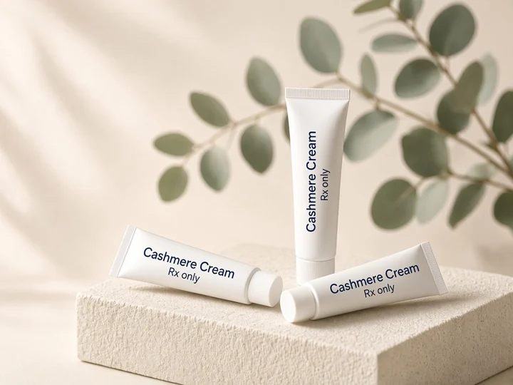 Three white tubes on an ivory stone plinth. Printed on the tubes: "Cashmere Cream" and "Rx only".