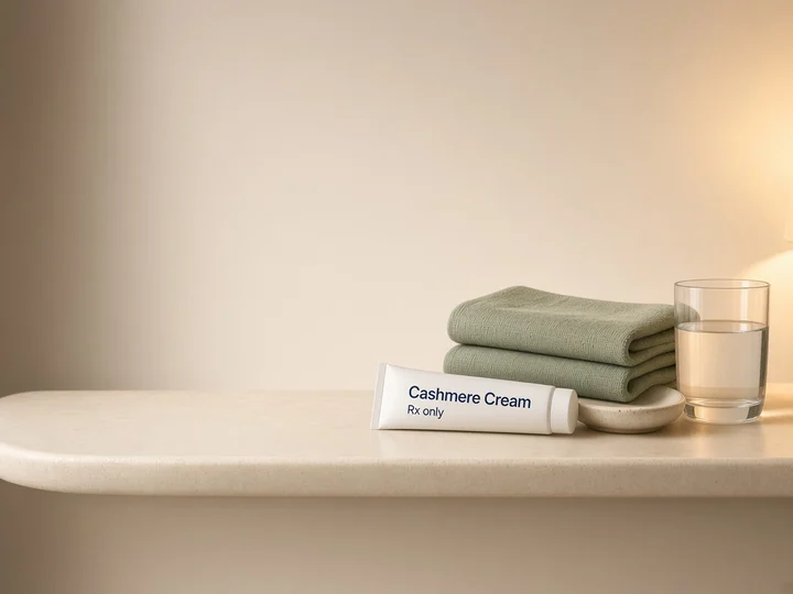 A white tube on a shelf beside folded sage towels and a glass of water. Printed on the tube: "Cashmere Cream" and "Rx only".