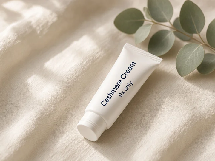 One white tube lying on ivory linen. Printed on the tube: "Cashmere Cream" and "Rx only".