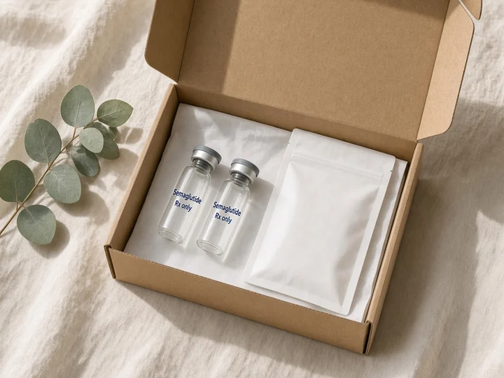 Two vials and a plain pouch in an open kraft box. Printed on the glass: "Semaglutide" and "Rx only".