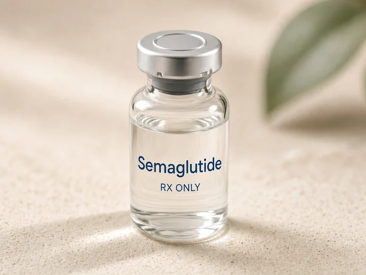 Close-up of a vial with a silver cap. Printed on the glass: "Semaglutide" and "Rx only".