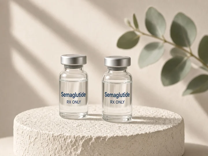 Two glass vials on an ivory stone plinth. Printed on the glass: "Semaglutide" and "Rx only".