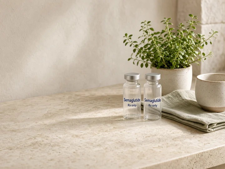 Two vials on a stone kitchen counter beside a plant. Printed on the glass: "Semaglutide" and "Rx only".