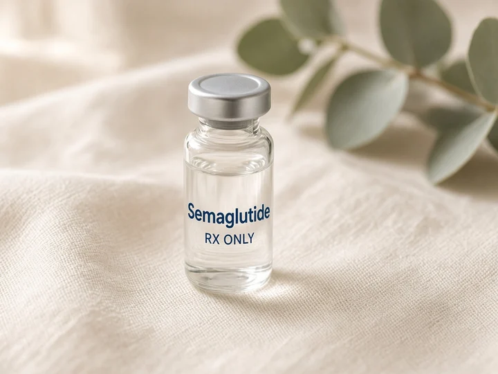 One glass vial on ivory linen. Printed on the glass: "Semaglutide" and "Rx only".