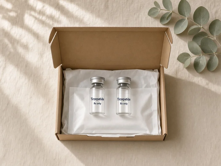 Two vials and a plain pouch in an open kraft box. Printed on the glass: "Tirzepatide" and "Rx only".