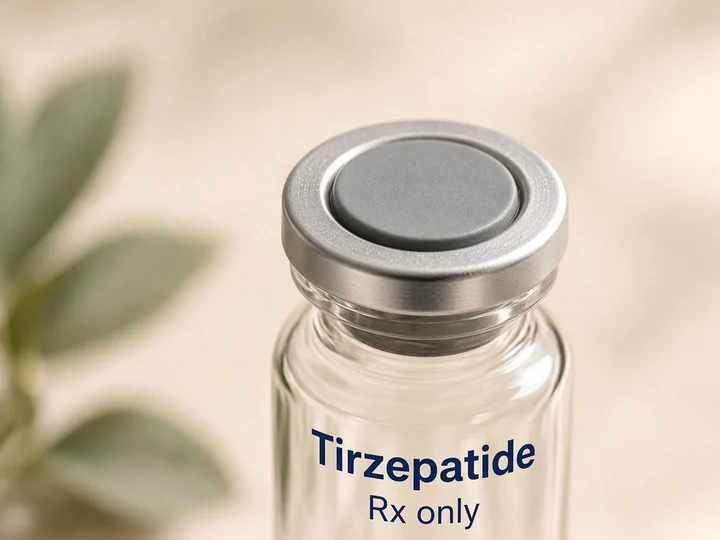 Close-up of a vial's silver cap and grey stopper. Printed on the glass: "Tirzepatide" and "Rx only".