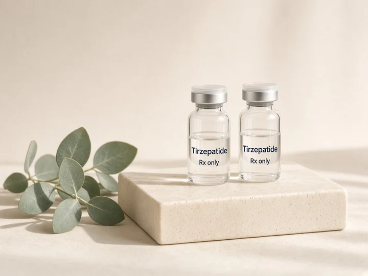 Two glass vials on an ivory stone block. Printed on the glass: "Tirzepatide" and "Rx only".