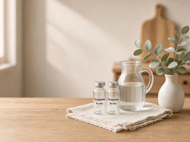 Two vials on a wooden counter beside a water jug. Printed on the glass: "Tirzepatide" and "Rx only".
