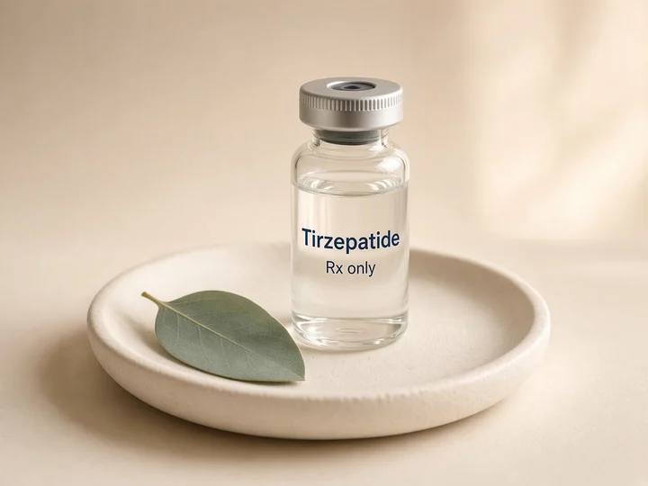 One glass vial on a round ivory dish. Printed on the glass: "Tirzepatide" and "Rx only".