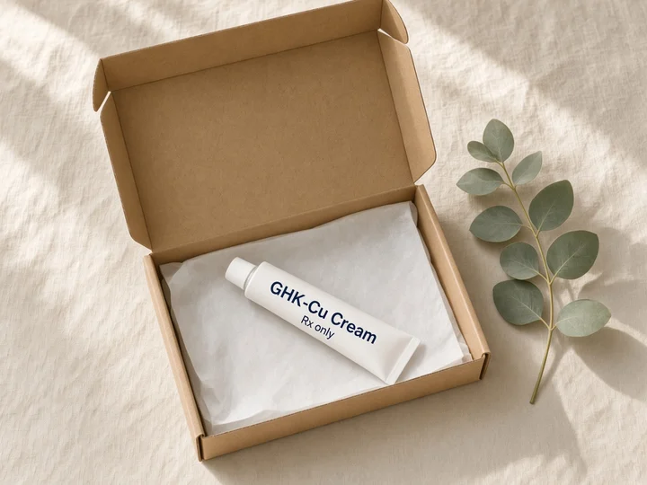 One white tube in an open kraft box. Printed on the tube: "GHK-Cu Cream" and "Rx only".