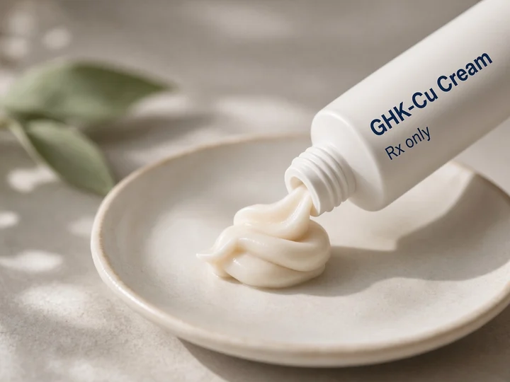 Pale cream squeezed from a white tube onto a dish. Printed on the tube: "GHK-Cu Cream" and "Rx only".