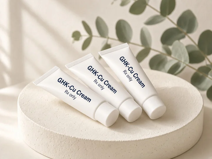 Three white tubes fanned out on an ivory stone plinth. Printed on the tubes: "GHK-Cu Cream" and "Rx only".