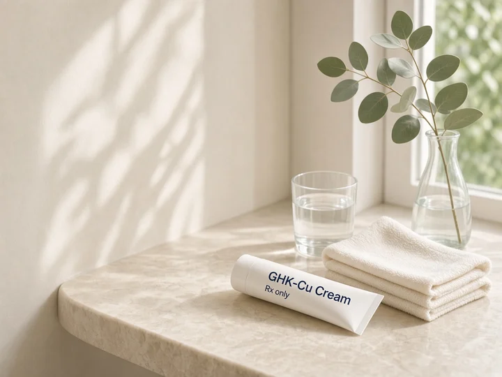 A white tube on a bathroom shelf in morning light. Printed on the tube: "GHK-Cu Cream" and "Rx only".