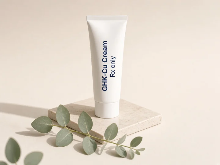 One white tube standing on a stone tile. Printed on the tube: "GHK-Cu Cream" and "Rx only".