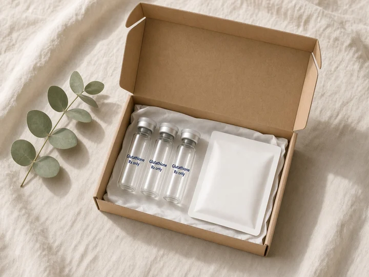 Three vials and a plain pouch in an open kraft box. Printed on the glass: "Glutathione" and "Rx only".