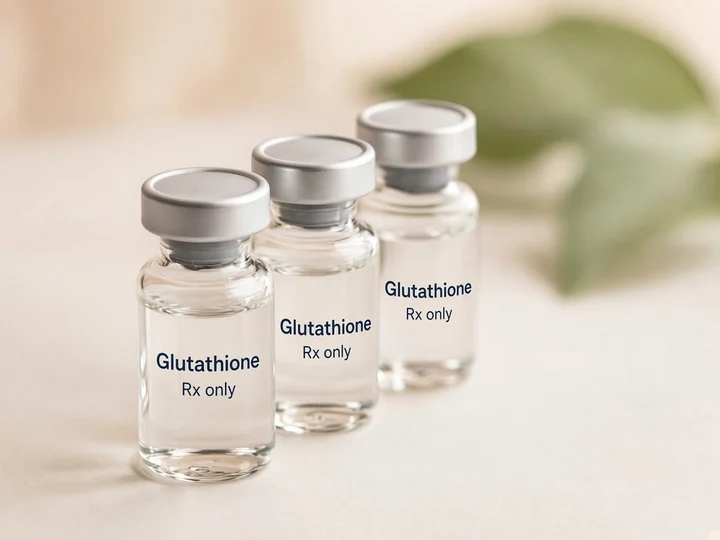 Three vials in a row, close up. Printed on the glass: "Glutathione" and "Rx only".