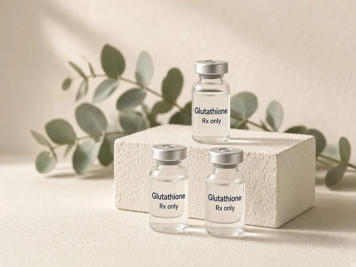 Three glass vials around an ivory stone block. Printed on the glass: "Glutathione" and "Rx only".