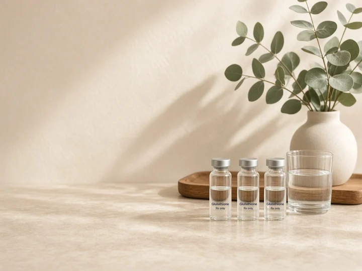Three vials on a stone counter beside a glass of water. Printed on the glass: "Glutathione" and "Rx only".