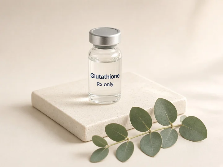 One glass vial on a square stone tile. Printed on the glass: "Glutathione" and "Rx only".