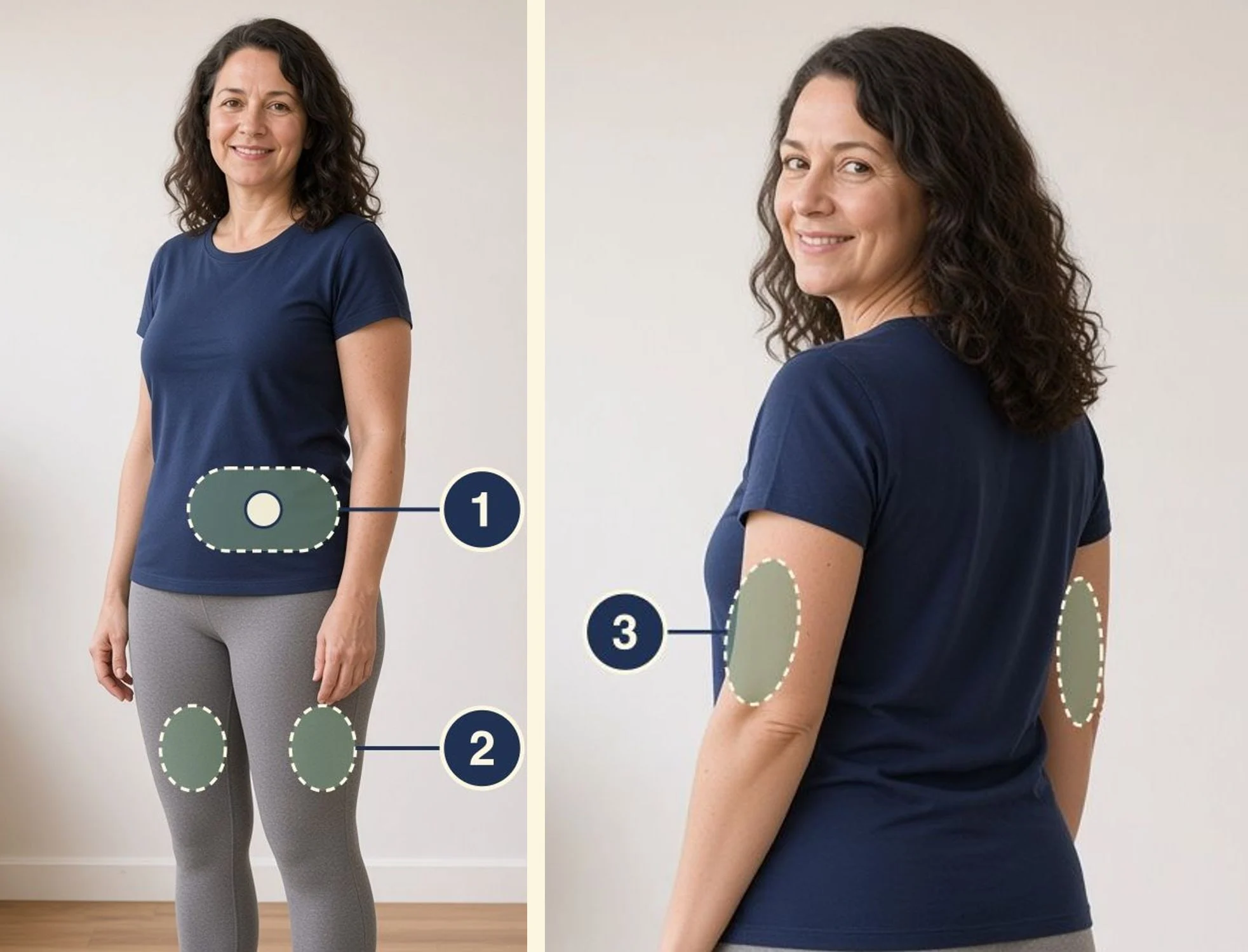 A woman shown from the front and from behind, with the injection areas marked: 1 the lower belly, away from the belly button; 2 the front of the thighs; 3 the back of the upper arms.