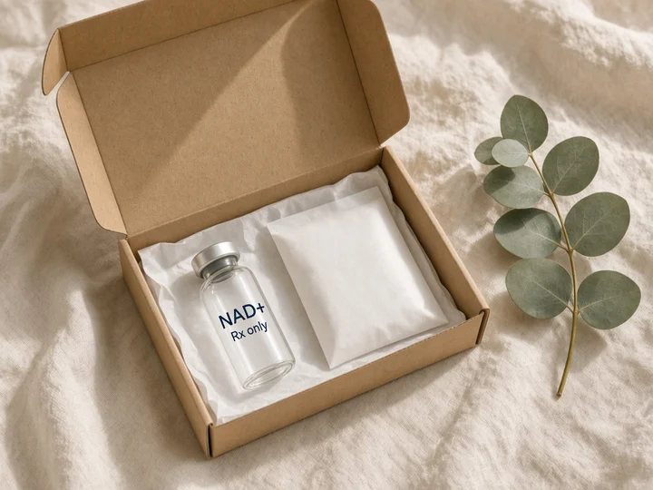 One vial and a plain pouch in an open kraft box. Printed on the glass: "NAD+" and "Rx only".