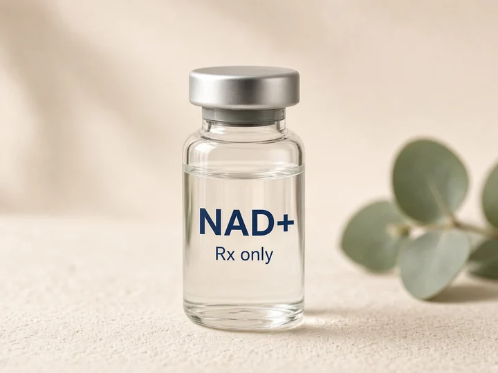 Close-up of a glass vial with a silver cap. Printed on the glass: "NAD+" and "Rx only".