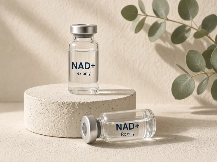 Two glass vials on an ivory stone plinth. Printed on the glass: "NAD+" and "Rx only".
