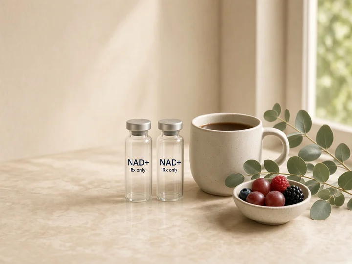 Two vials on a kitchen counter beside a cup of coffee. Printed on the glass: "NAD+" and "Rx only".