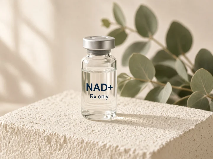 One glass vial on an ivory stone block. Printed on the glass: "NAD+" and "Rx only".
