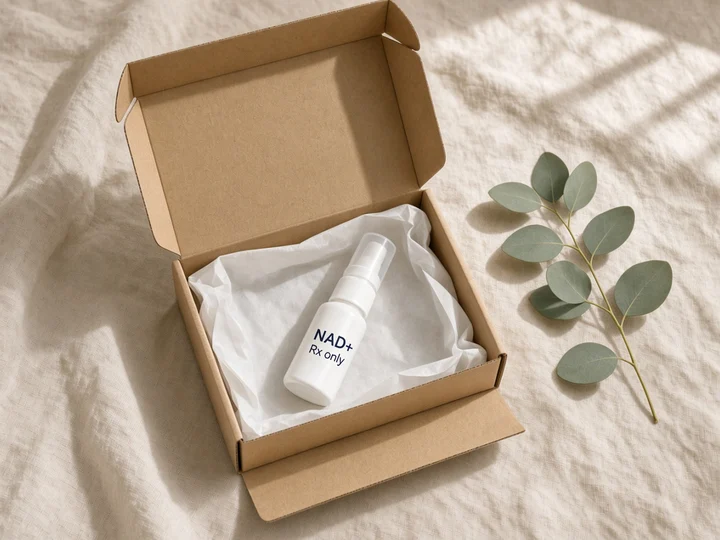 One nasal spray bottle in an open kraft box. Printed on the bottle: "NAD+" and "Rx only".