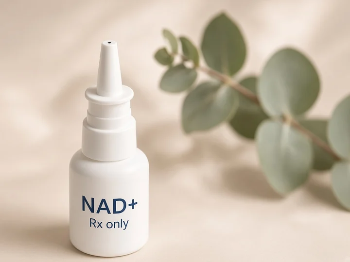 Close-up of the tip of a white nasal spray bottle. Printed on the bottle: "NAD+" and "Rx only".