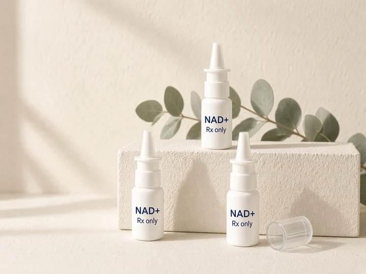 Three white nasal spray bottles on an ivory stone plinth. Printed on the bottles: "NAD+" and "Rx only".