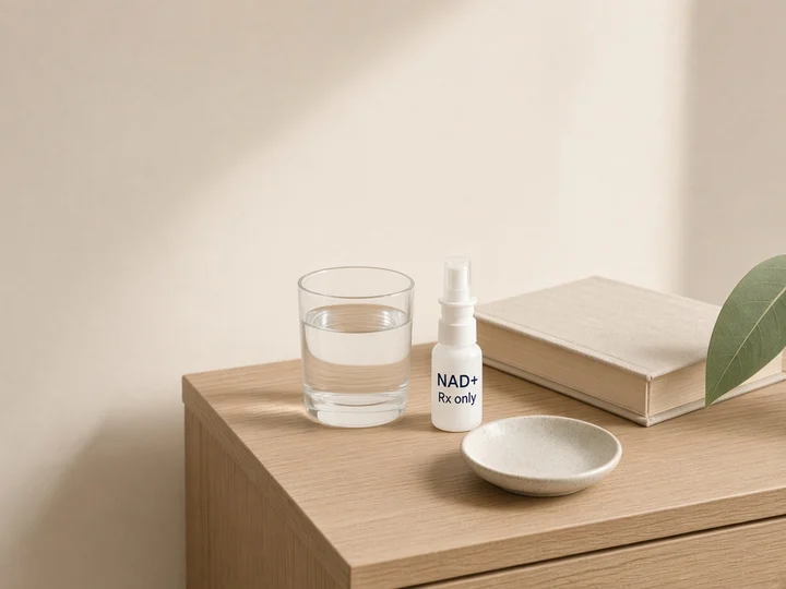 A nasal spray bottle on a bedside table beside a glass of water. Printed on the bottle: "NAD+" and "Rx only".