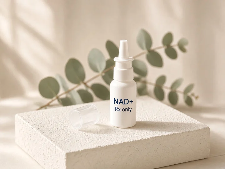 One white nasal spray bottle with its cap beside it. Printed on the bottle: "NAD+" and "Rx only".