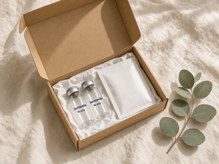 Two small vials and a plain pouch in an open kraft box. Printed on the glass: "Sermorelin" and "Rx only".