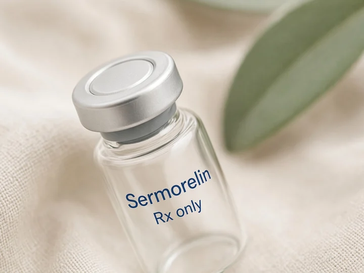 Close-up of a small vial's silver cap. Printed on the glass: "Sermorelin" and "Rx only".