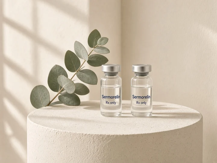 Two small glass vials on an ivory stone plinth. Printed on the glass: "Sermorelin" and "Rx only".