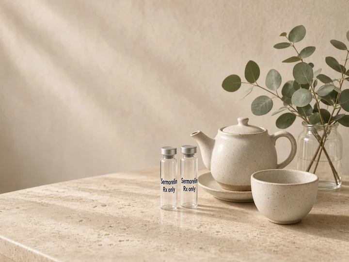 Two small vials on a stone counter beside a teapot. Printed on the glass: "Sermorelin" and "Rx only".