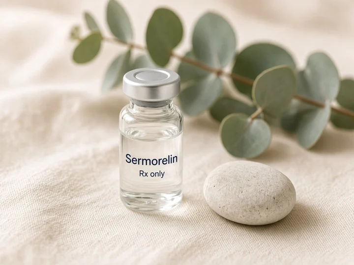 One small glass vial on ivory linen beside a pebble. Printed on the glass: "Sermorelin" and "Rx only".