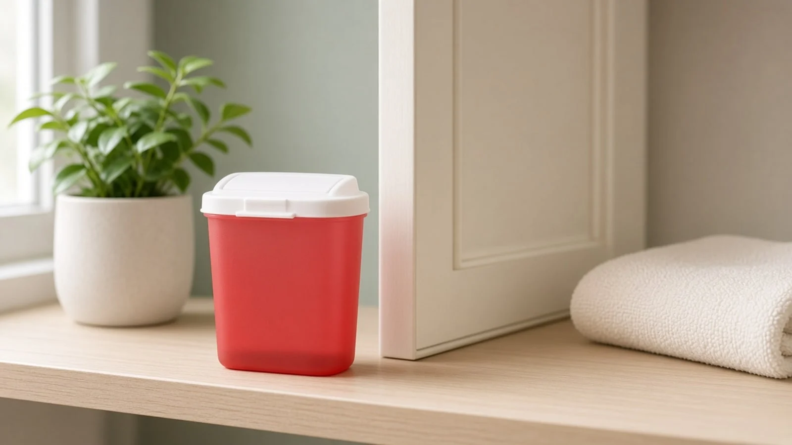 A red sharps disposal container on a bathroom shelf.