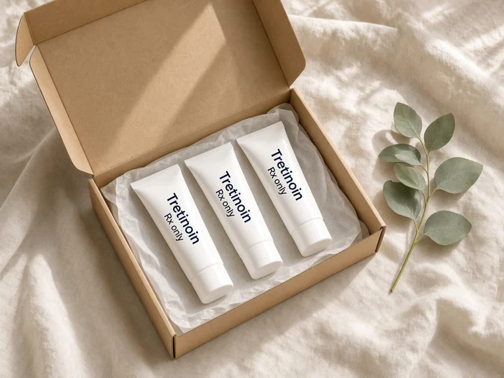 Three white tubes in an open kraft box. Printed on the tubes: "Tretinoin" and "Rx only".
