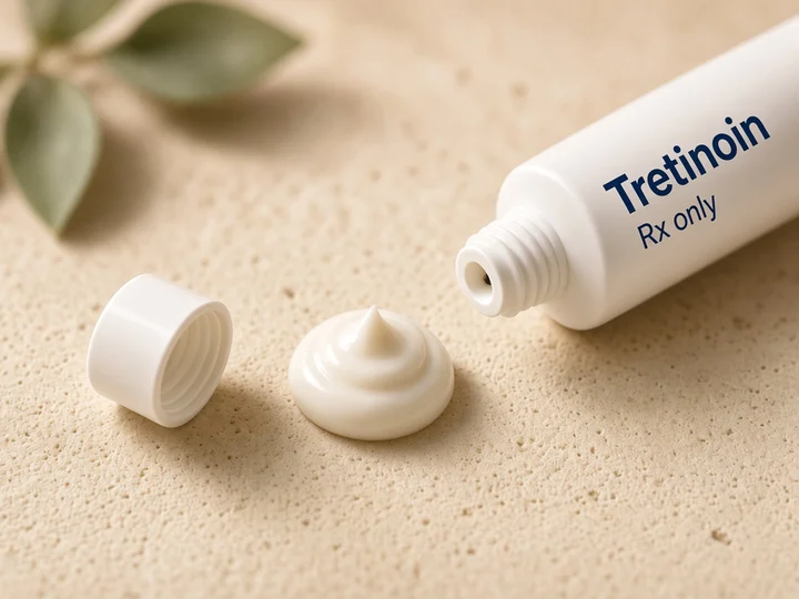 A small amount of pale cream beside an open white tube. Printed on the tube: "Tretinoin" and "Rx only".
