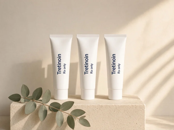 Three white tubes standing on an ivory stone block. Printed on the tubes: "Tretinoin" and "Rx only".