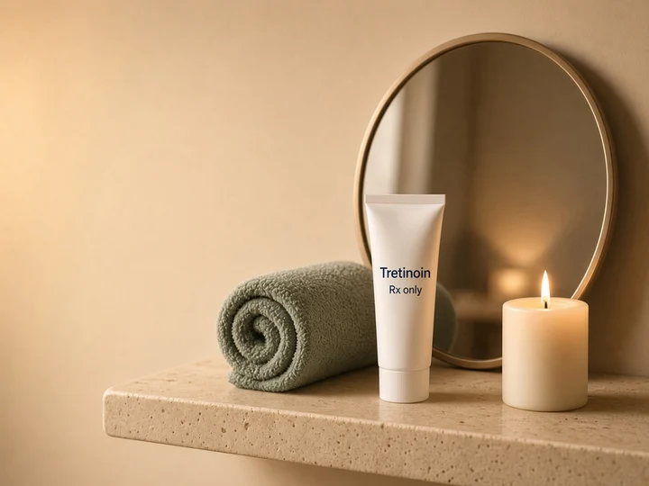A white tube on a bathroom shelf in the evening beside a candle. Printed on the tube: "Tretinoin" and "Rx only".
