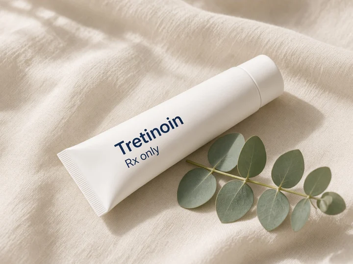 One white tube lying on ivory linen. Printed on the tube: "Tretinoin" and "Rx only".